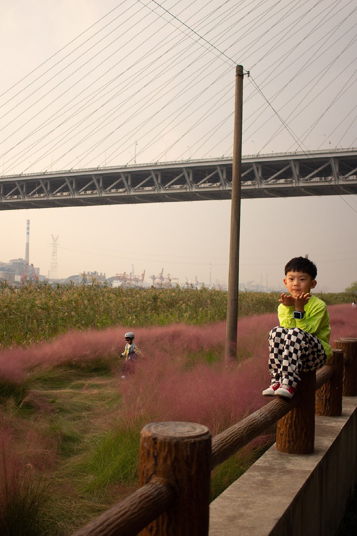 A child in neon green sits on a wooden post amid pink muhly grass, with Minpu Bridge's cables stretching overhead like harp strings.