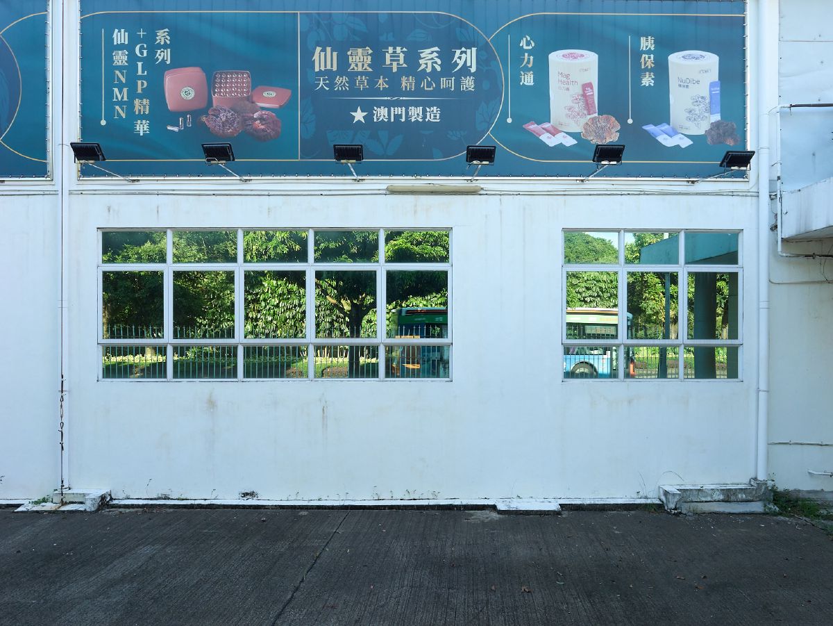 A large advertisement for herbal health products hangs above reflective windows that mirror the lush greenery opposite.