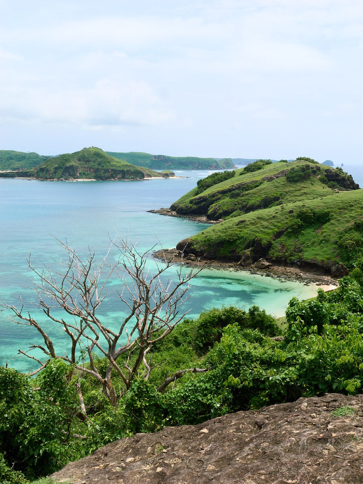 Lush green hills meeting turquoise waters along the coastline of Lombok.